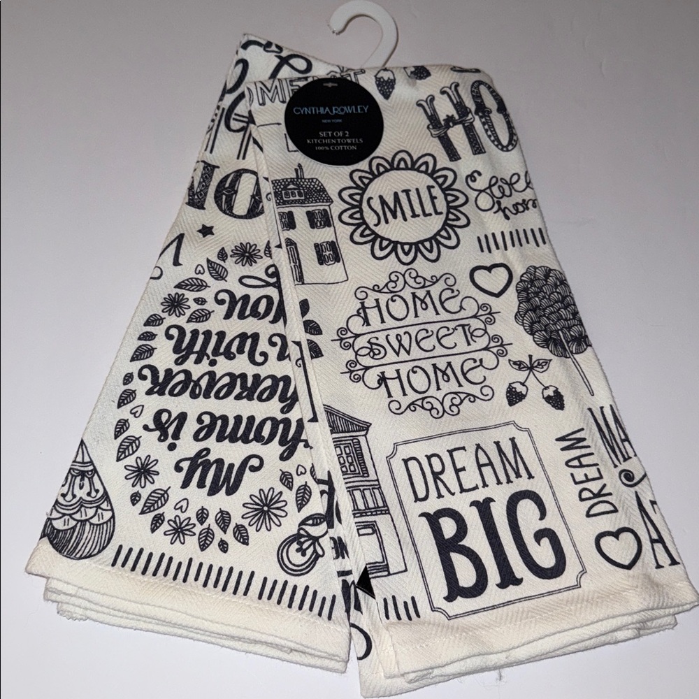 New Cynthia Rowley Set of Two Kitchen Towels 100% Cotton Home Sweet Home Love